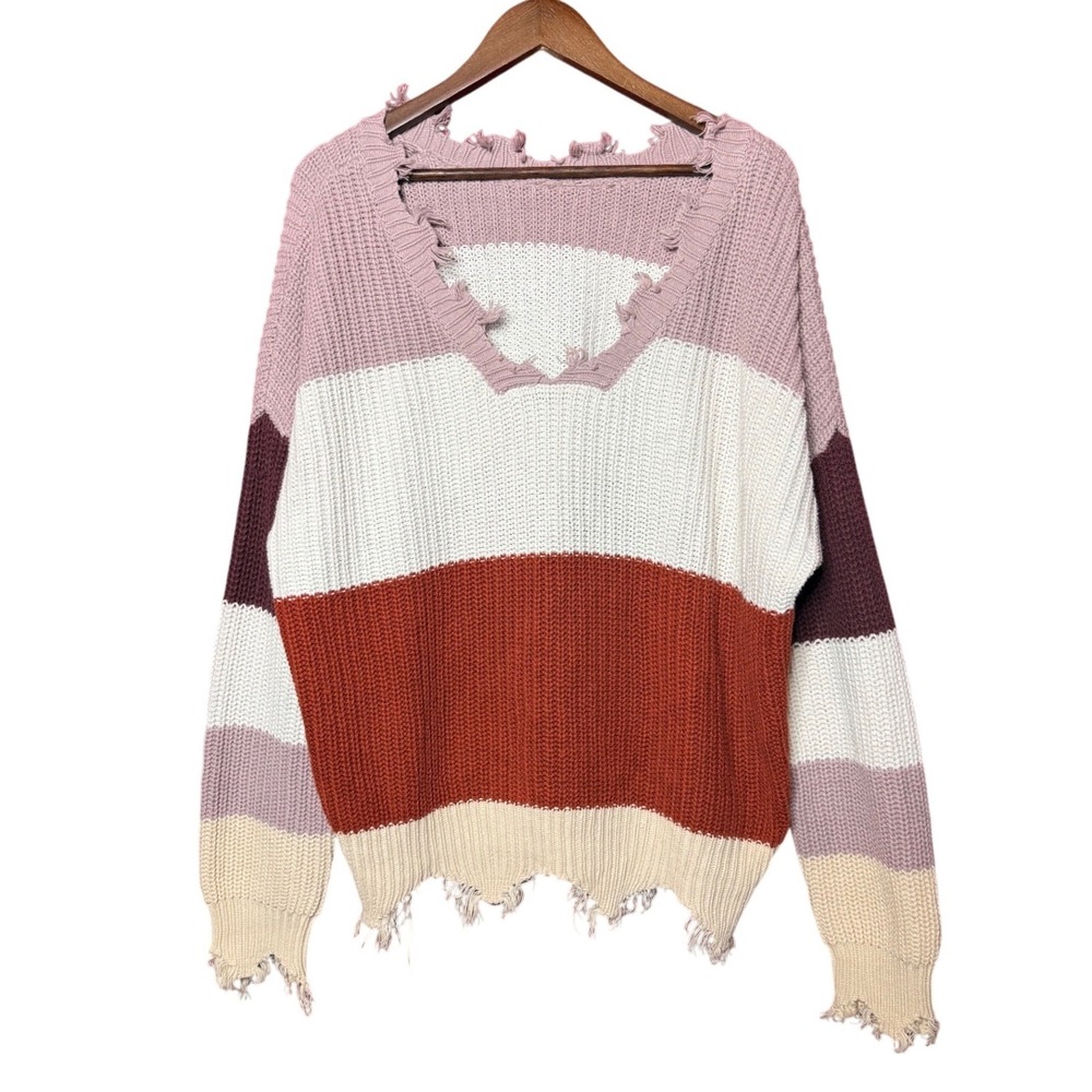 Unbranded Striped Sweater Women Medium Multicolor Distressed V-Neck Scarecrow